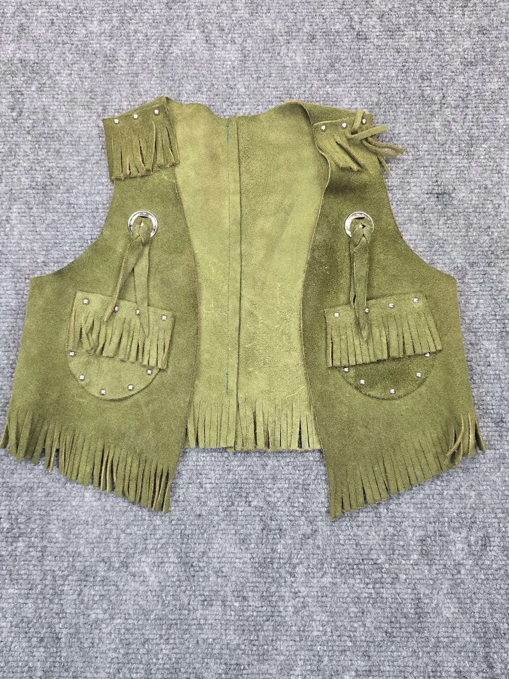 Vintage Sears Kids Leather Fringe Vest Olive Green Western Cowboy Size 4/5